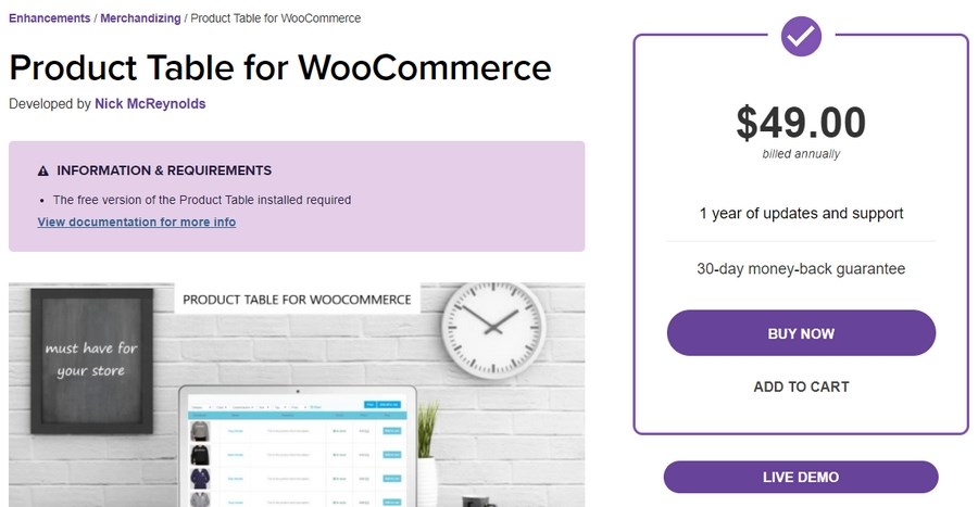 product table for WooCommerce plugin