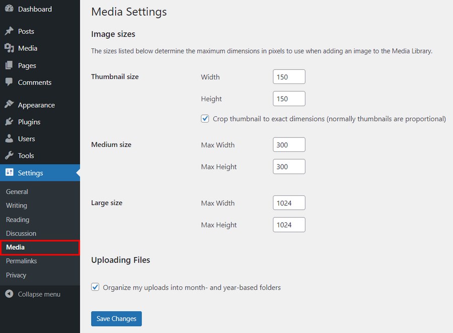 Change WordPress media settings