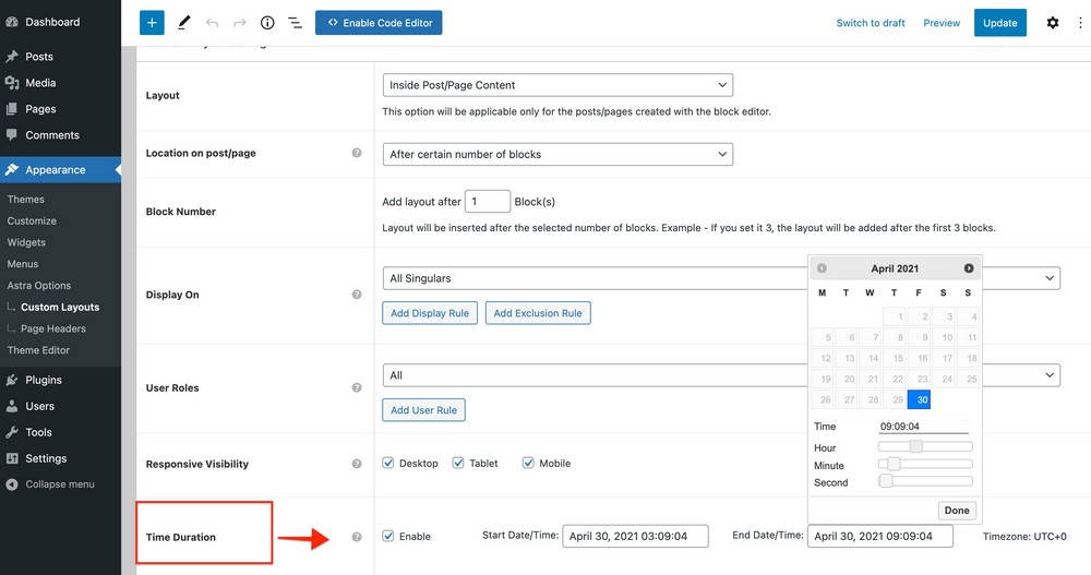 Custom Layouts Time Duration Option