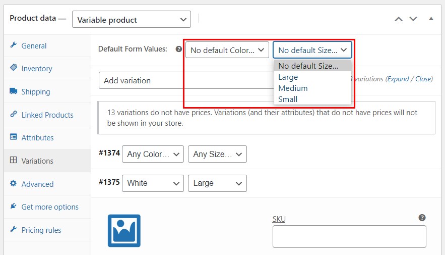 Product variation default values