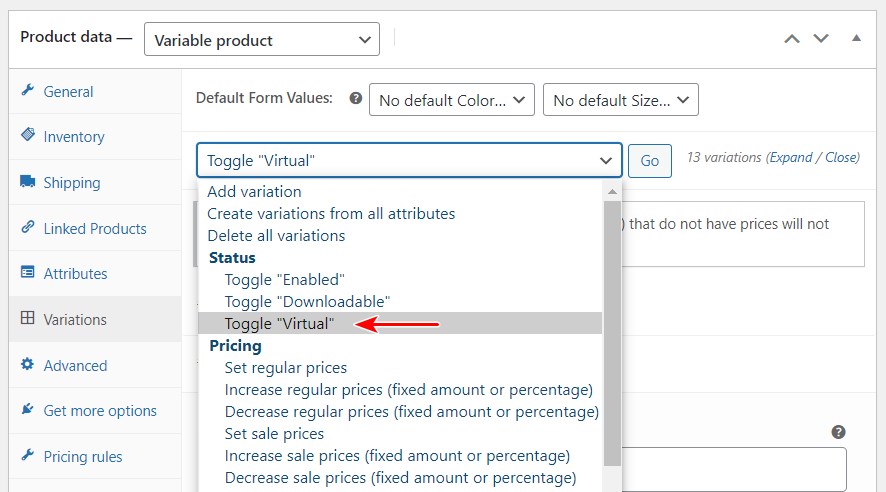 Product variation toggle virtual