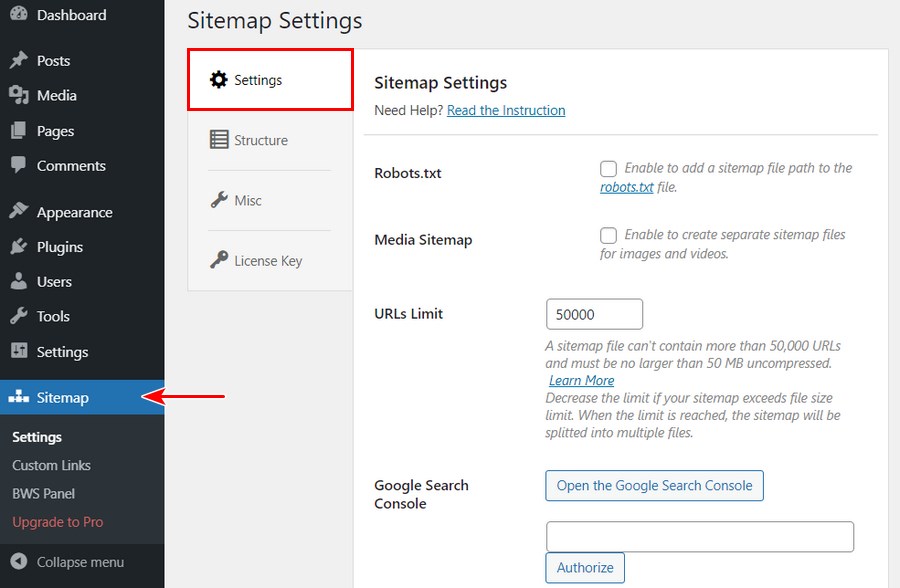 Sitemap by BestWebSoft settings