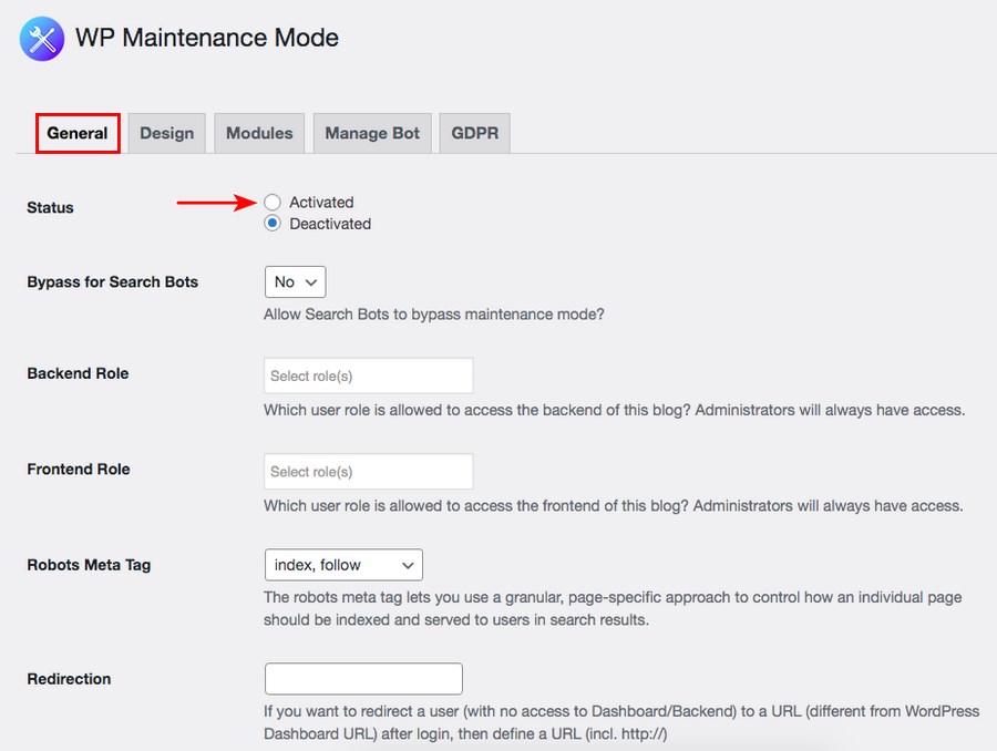 WP maintenance mode settings