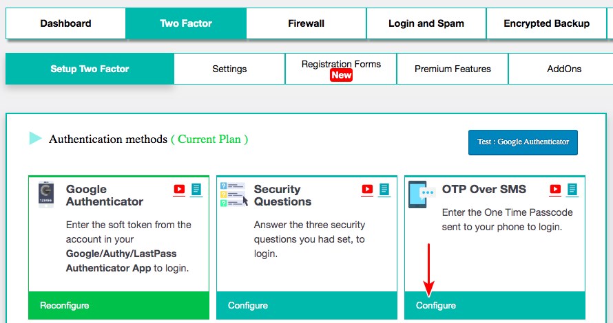 enable two factor authentication using OTP over sms