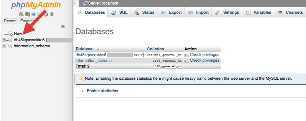 phpMyAdmin dashboard