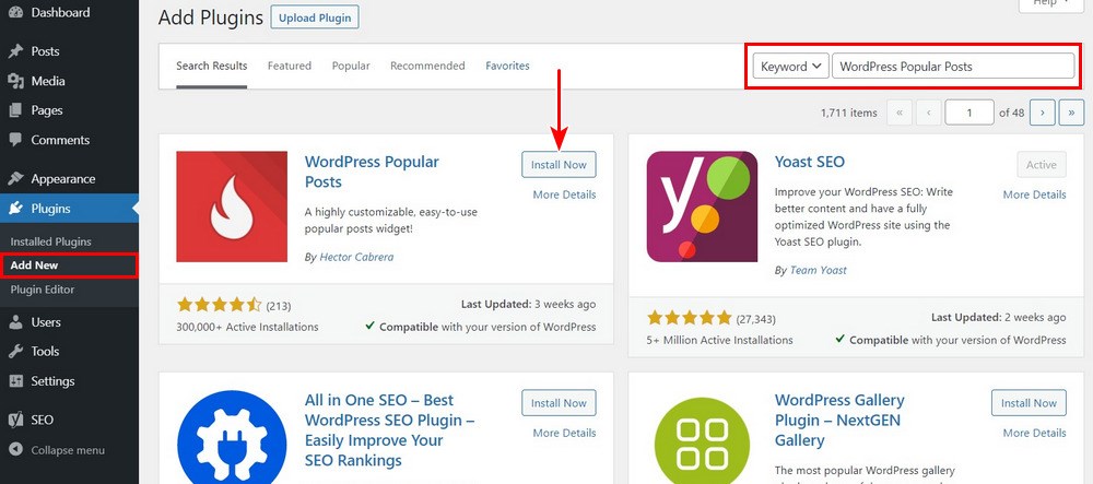 Install WordPress popular posts plugin