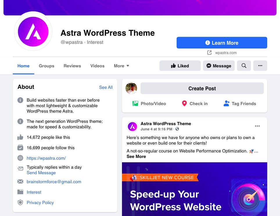 Astra Facebook page