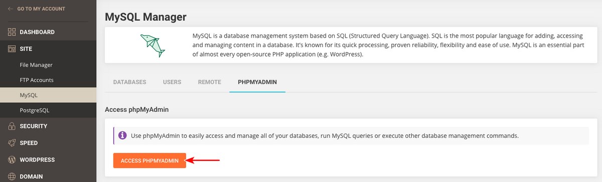 SiteGround mysql manager