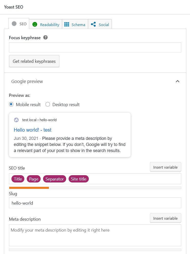 Yoast SEO settings