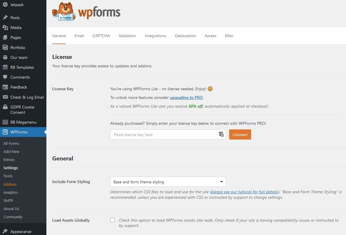 wpform setting