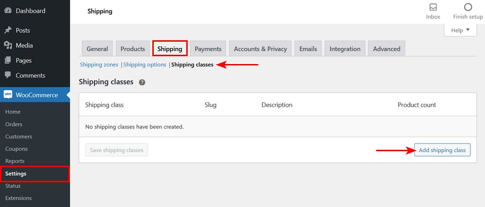 Add shipping classes in WooCommerce