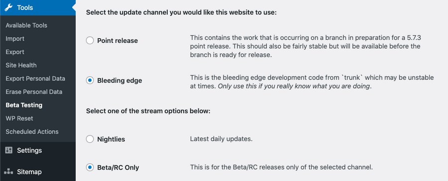 WordPress Beta testing settings