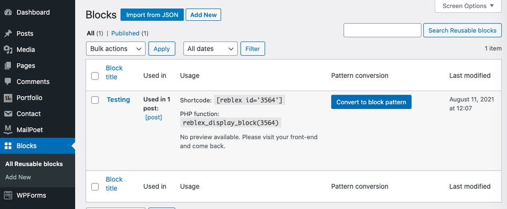 Custom reusable block WordPress