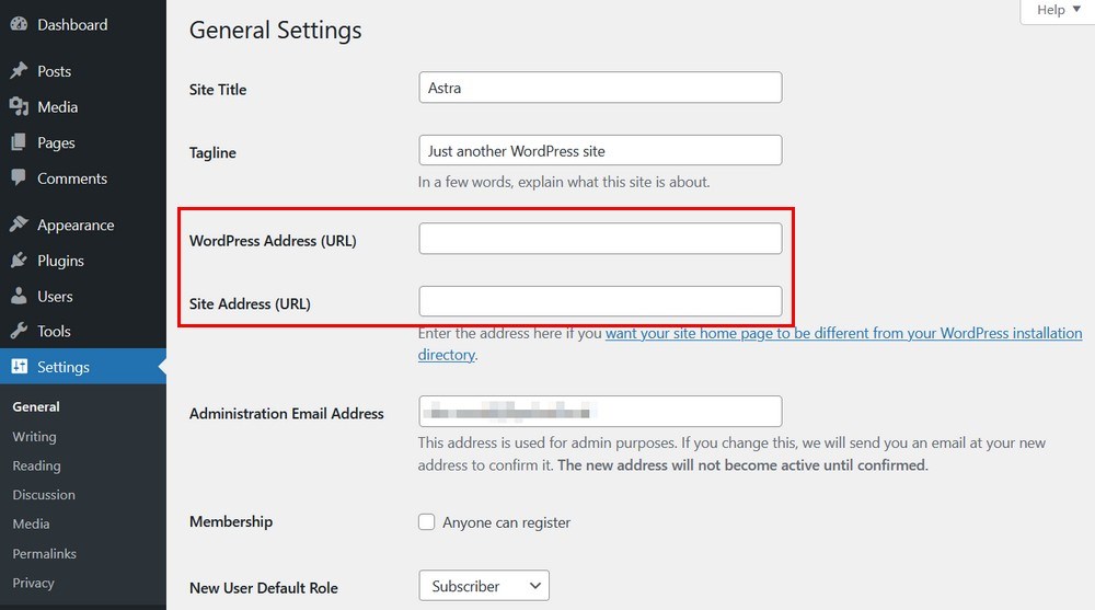 Update WordPress address url