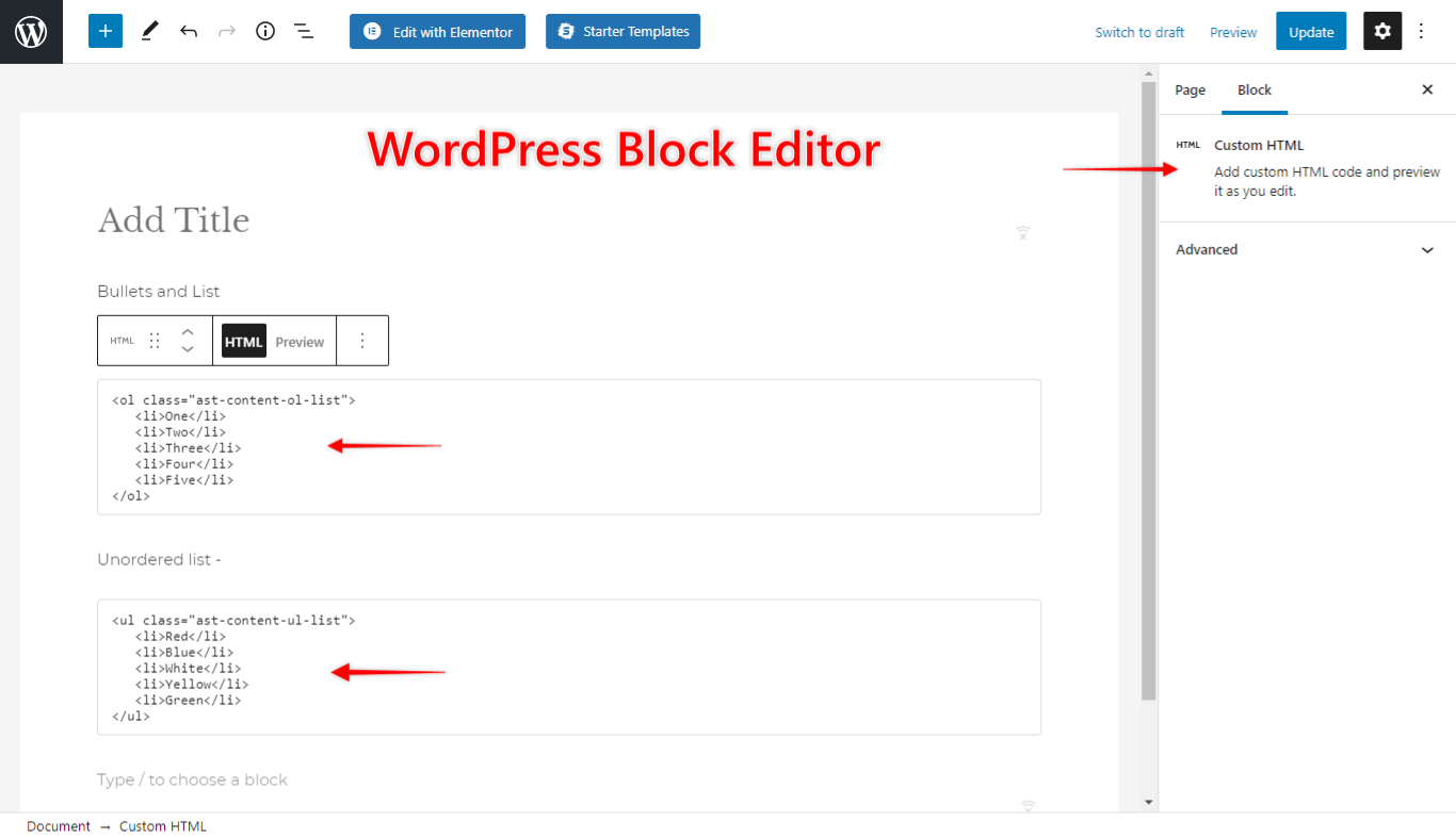 Adding HTML code using Blocks