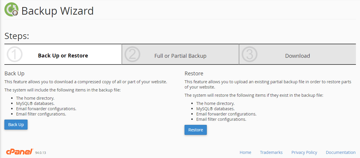 cPanel backup wizard