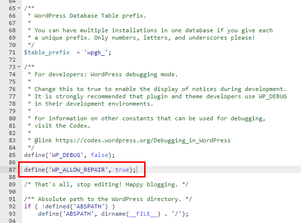 enable WP_ALLOW_REPAIR