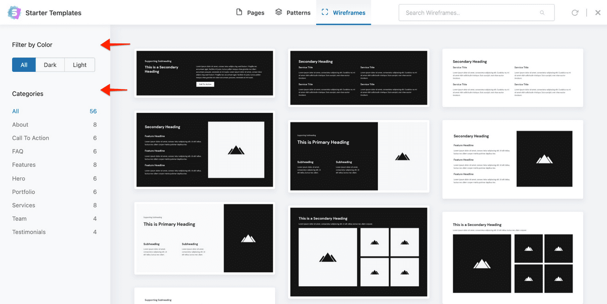 Starter templates wireframe filter options