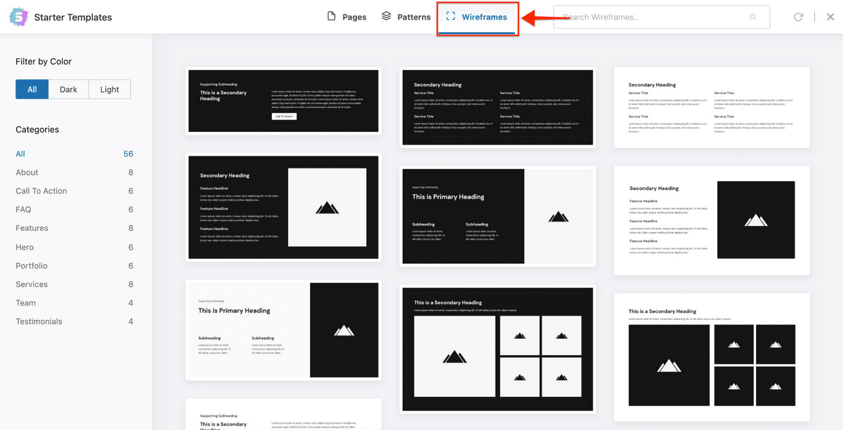 Starter templates wireframe