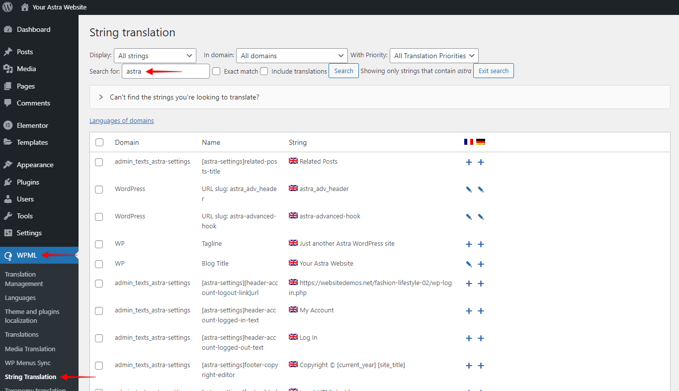 Translate Astra Strings