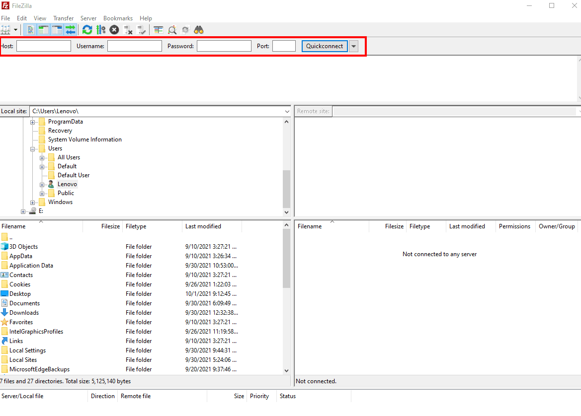 FileZilla FTP settings