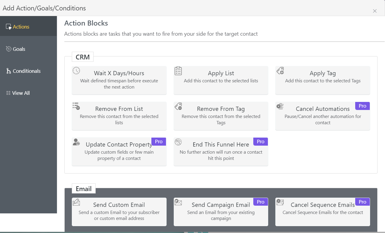 FluentCRM action blocks