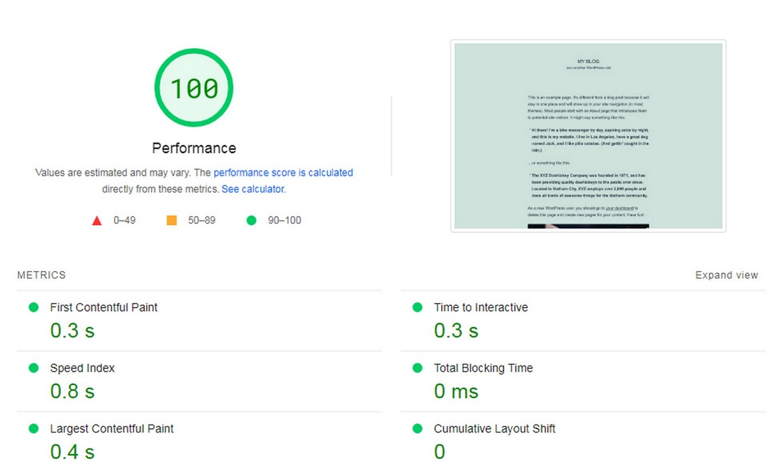 Gutenberg page speed insights test