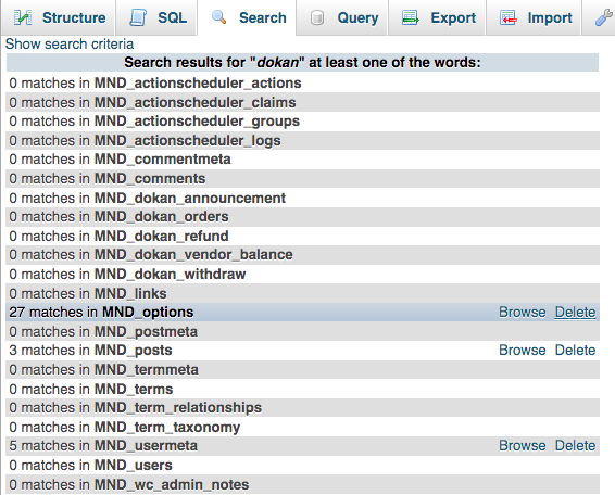 phpMyAdmin search results