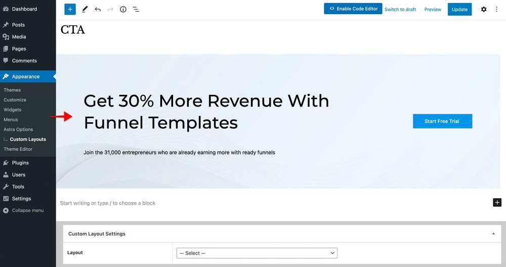 CTA using Astra custom layouts