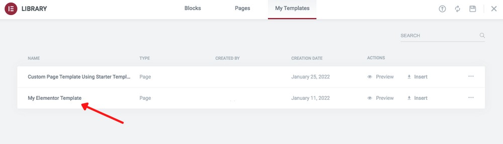 Elementor Created Templates List