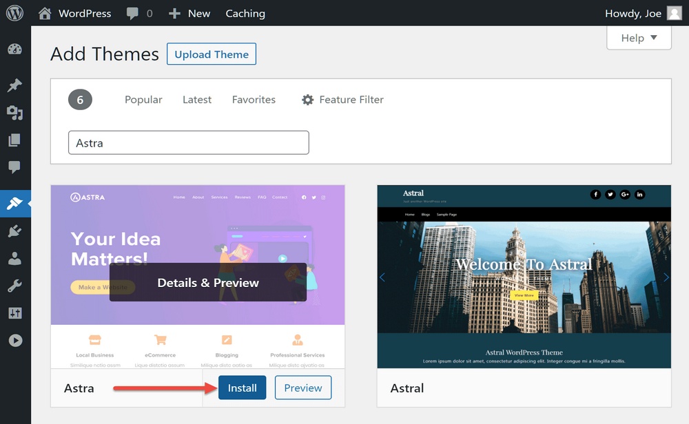 Install Astra theme from WordPress dashboard