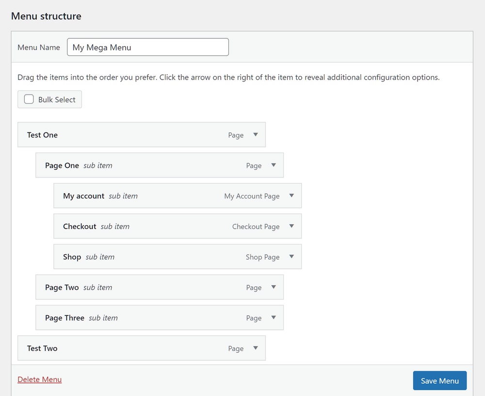 Mega menu structure example