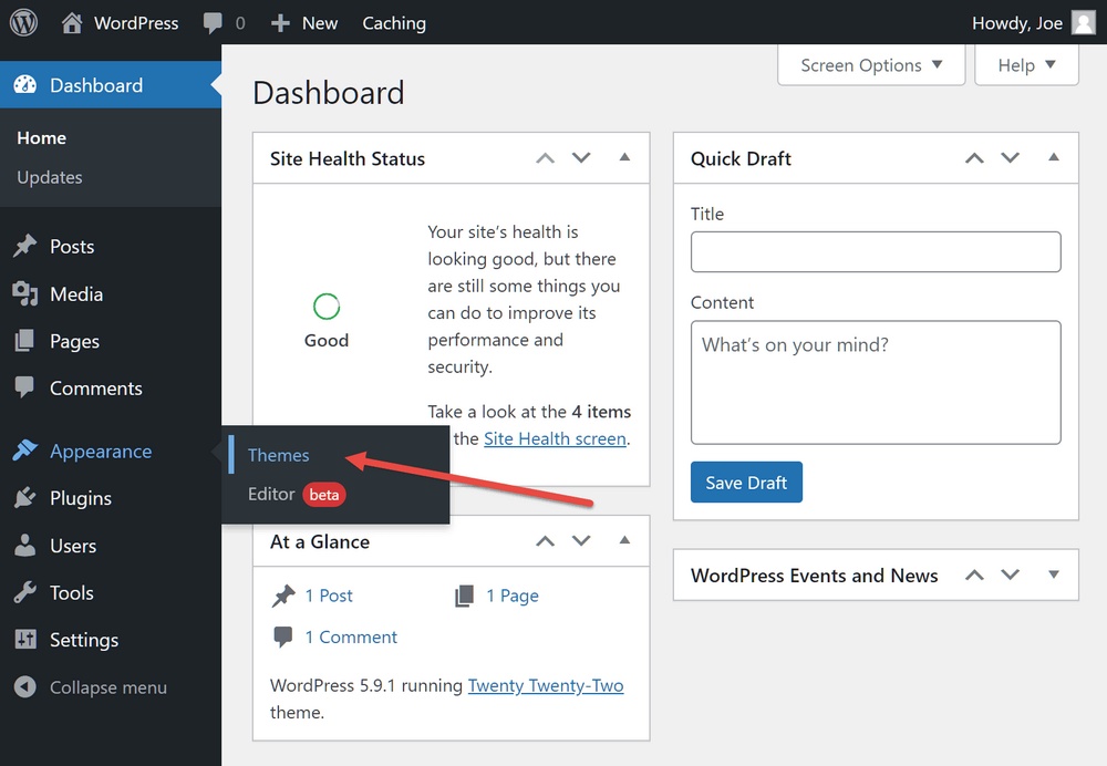 WordPress dashboard appearance menu