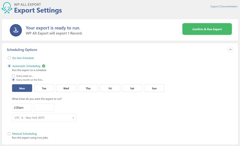 scheduling options for order export