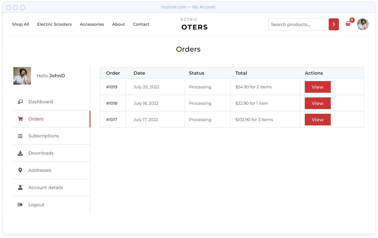 Astra 3.9 modern WooCommerce account page 2