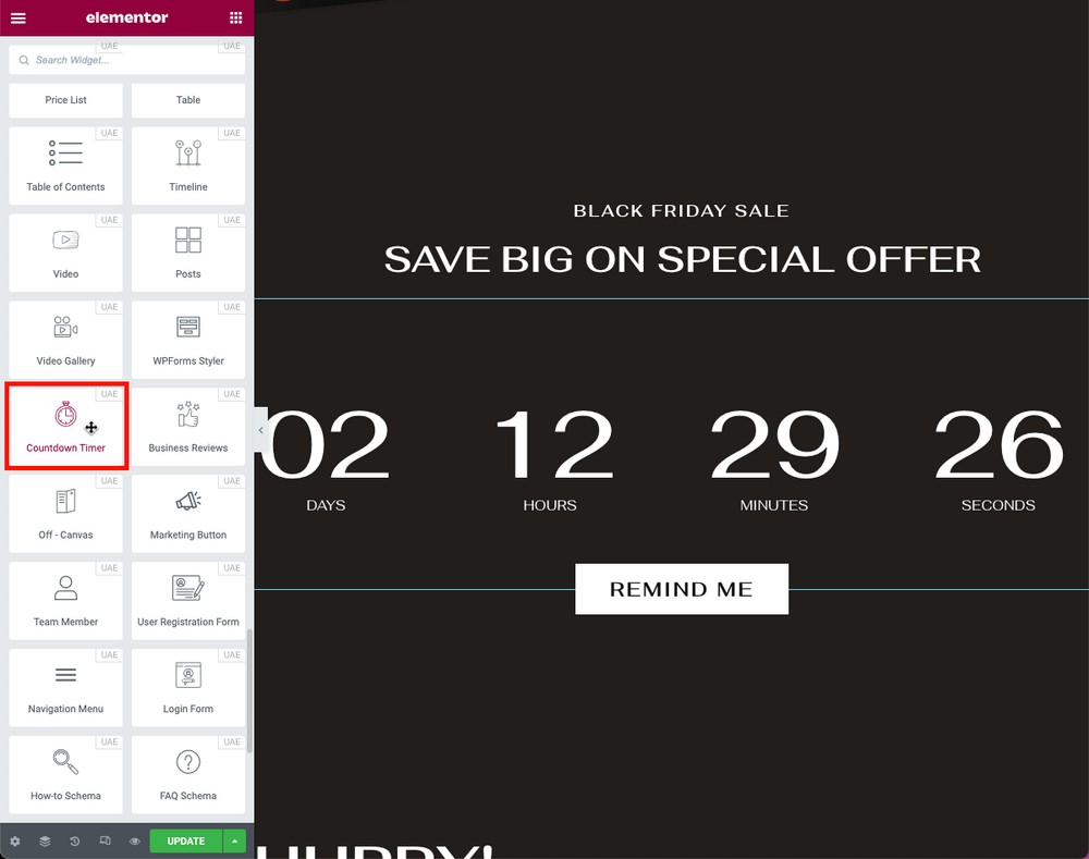 Countdown timer addon Ultimate Addons for Elementor