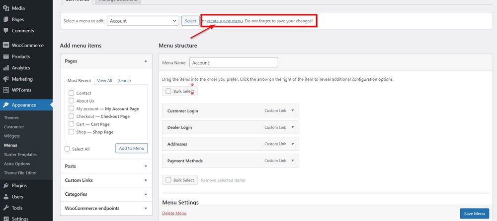 create new menu in wordpress