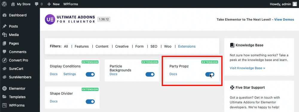 How to enable party propz extension