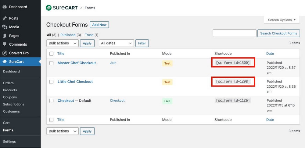 Checkout forms shortcodes