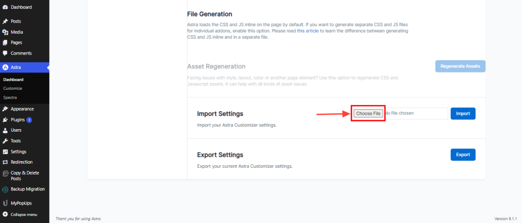 Astra import settings