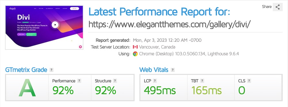 GTmetrix score for Divi