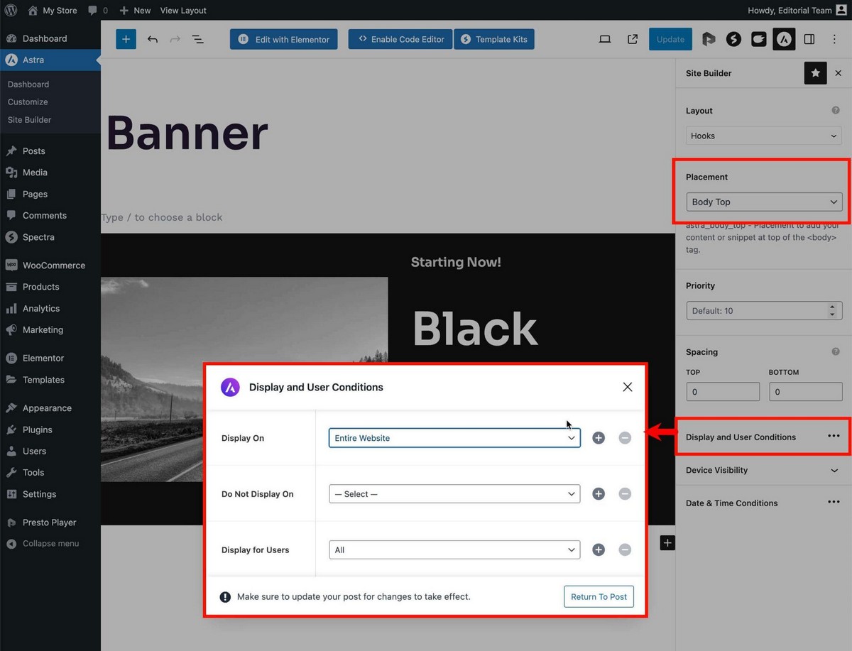 Banner placement and display conditions