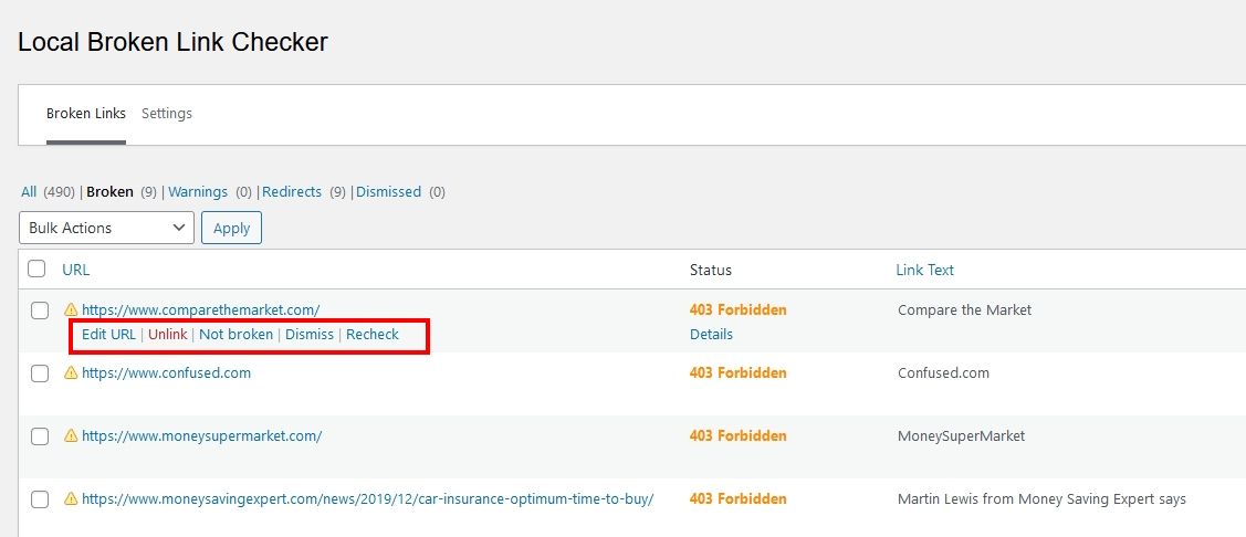 Edit, Unlink, Not broken, Dismiss or Recheck broken links