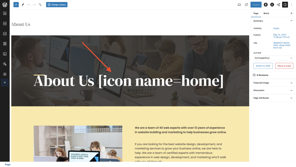 Adding icon shortcode to pages