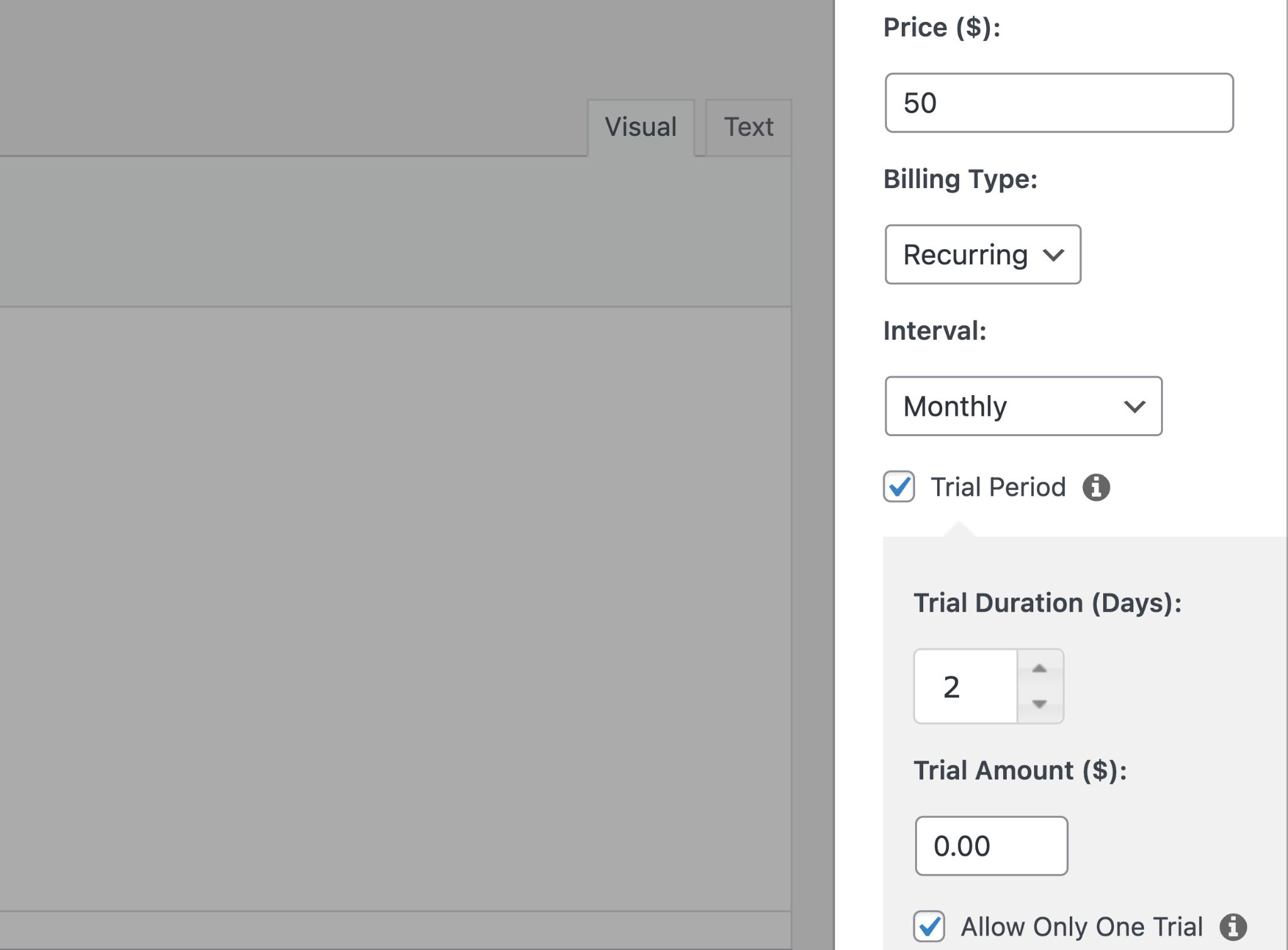 memberpress pricing settings and trial period