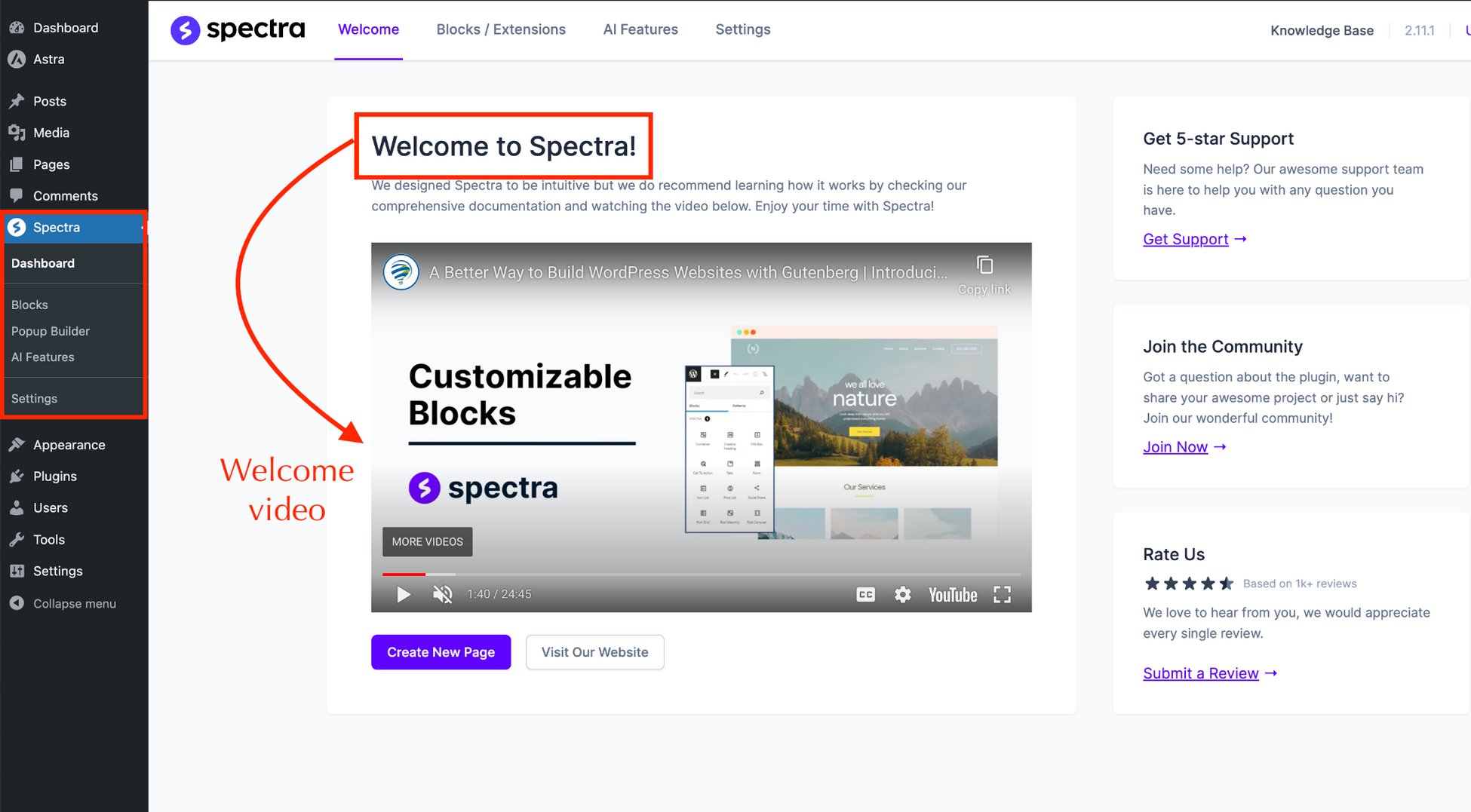 spectra page builder dashboard