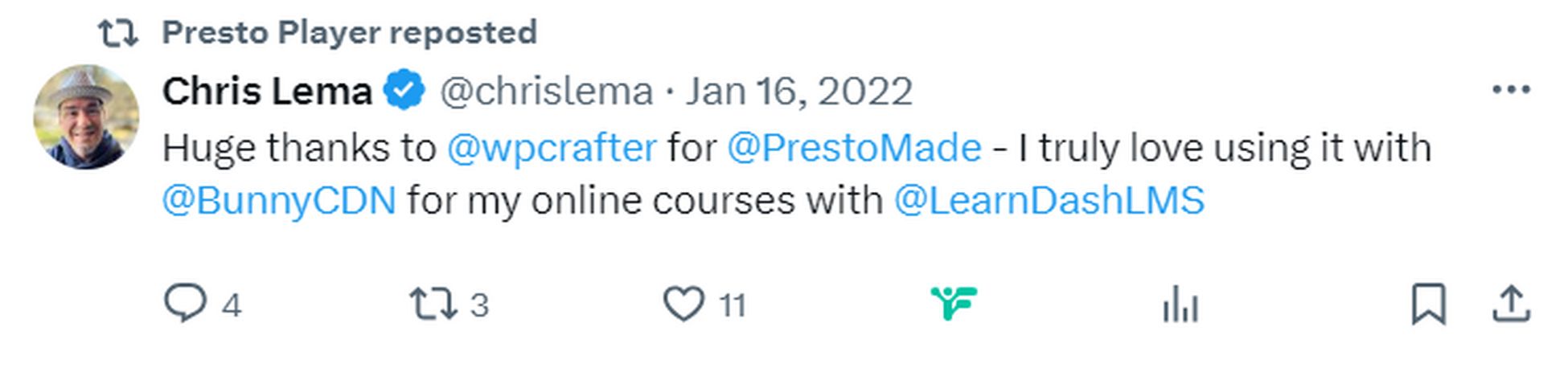 Presto player comment on twitter by chrislema